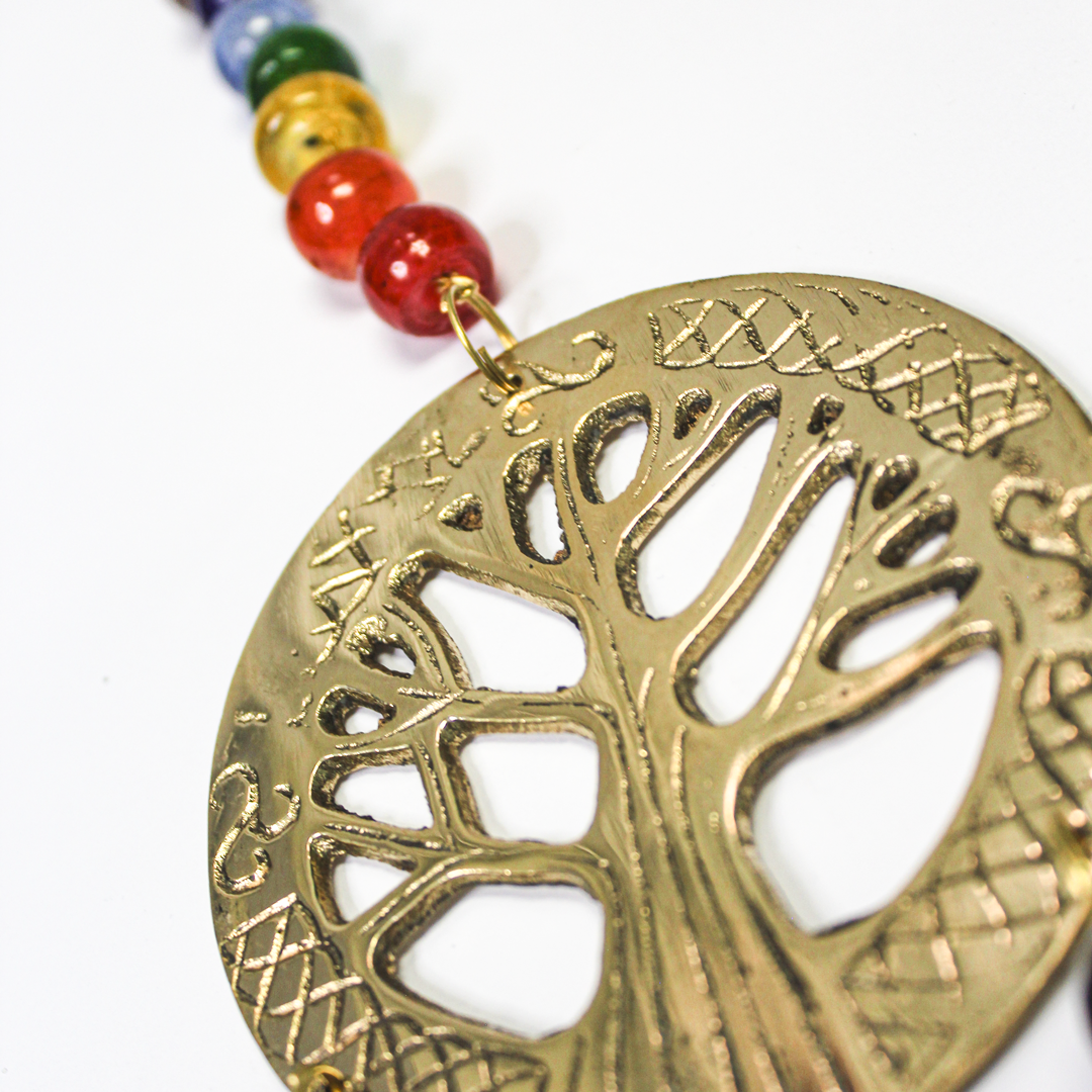 Hanging 7 Chakra Glass Beads and Brass Bells Tree of Life Windchime